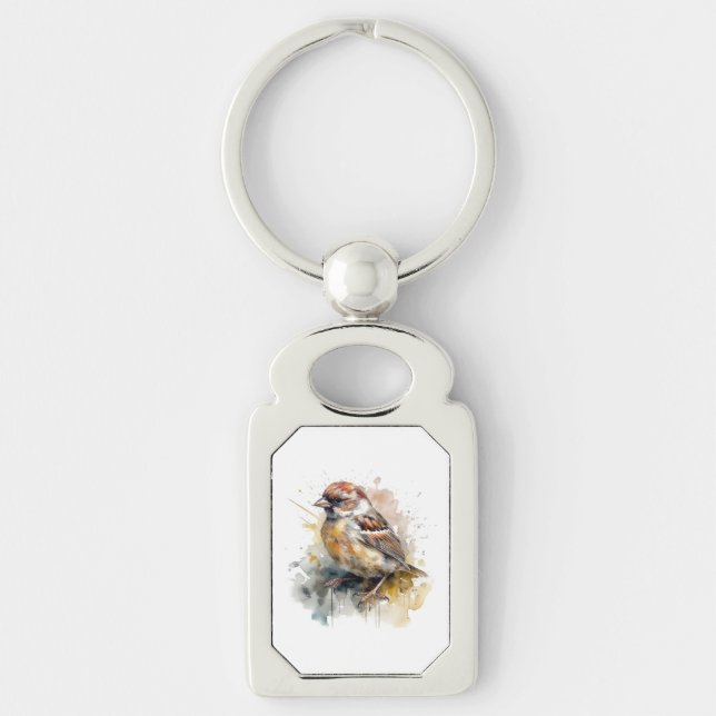 Porte-clés Moineau à l'aquarelle rustique (Devant)