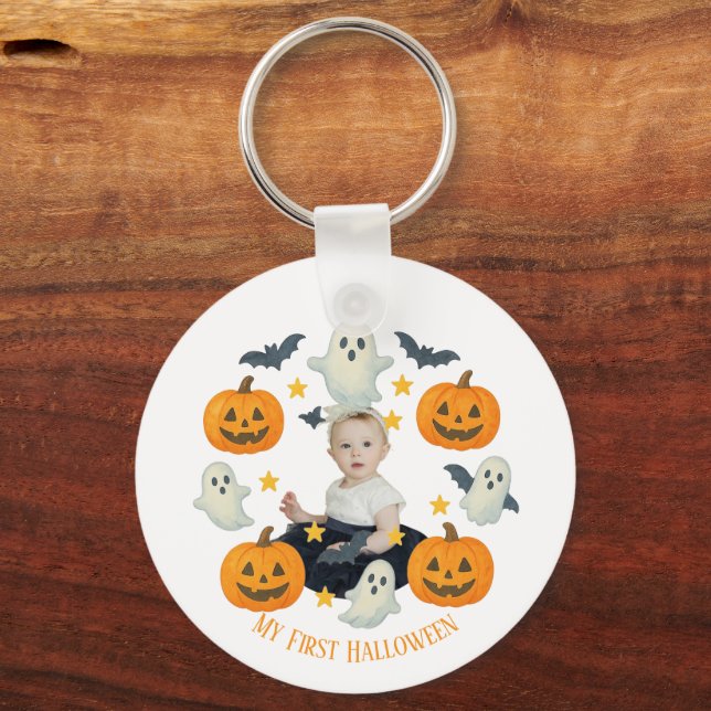 Porte-clés Mon premier Halloween | Mignonne Citrouille et Gui (Recto)