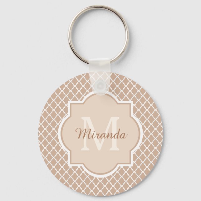 Porte-clés Monoggramme de Quatrefoil Preppy Tan avec nom (Recto)