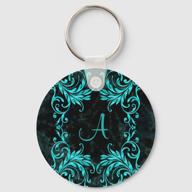 Porte-clés Monogram Aqua Blue Damask (Recto)
