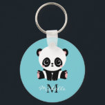 Porte-clés Monogram Cute Panda Personnalisé Bubble Gum Bleu<br><div class="desc">Un mignon ours de panda assis par terre sur un arrière - plan bleu gomme à bulles. Personnalisez avec votre monogramme et nom ou supprimez du texte dans les zones de texte sans nom.</div>