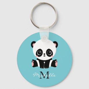 Porte-clés Monogram Cute Panda Personnalisé Bubble Gum Bleu