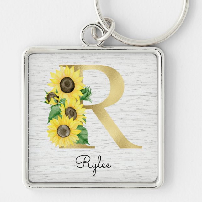 Porte-clés Monogram Gold Sunflower Girly Floral Initial R (Devant)