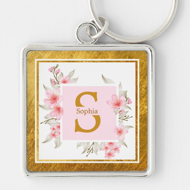 Porte-clés Monogram Initial "S" Floral - Pink Roses & Gold (Devant)