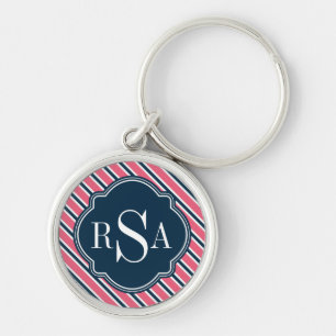 Porte-clés Monogram Pink Blue White Stripe Pattern