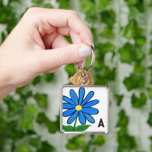 Porte-clés Monogram Whimsical Blue Daisy (main)