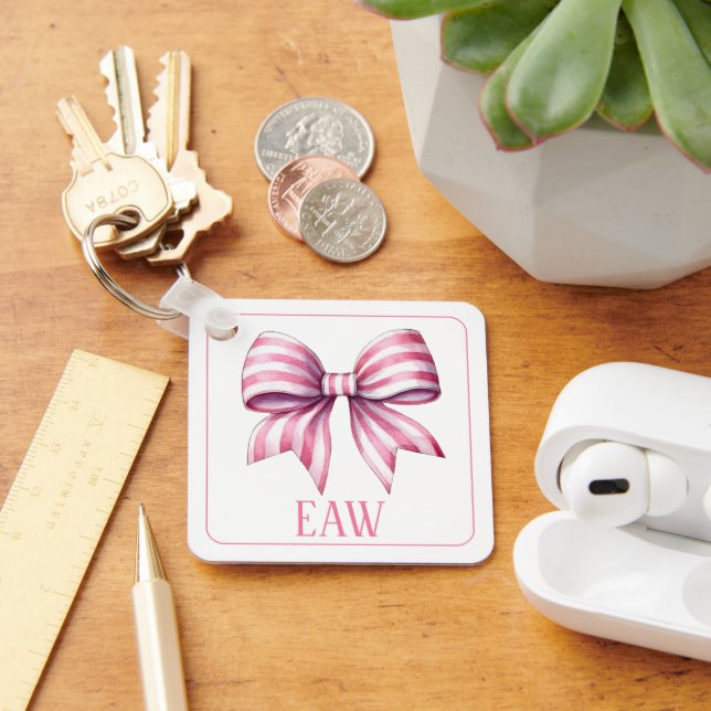 Porte-clés Monogramme à nœud papillon aquarelle rose et blanc (Bureau)