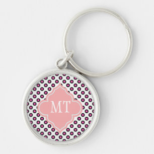 Porte-clés monogramme à pois cercles rose et noir