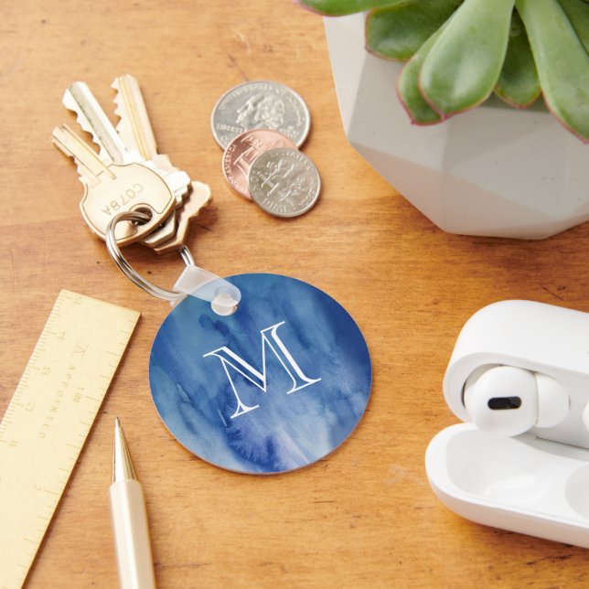 Porte-clés Monogramme Aquarelle Bleue Texture Peinture Abstra (Bureau)