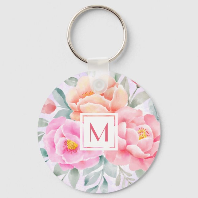 Porte-clés Monogramme Aquarelle pivoines Roses rose Floral Bo (Recto)