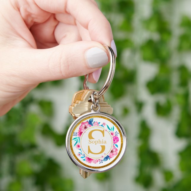 Porte-clés Monogramme Art I Initiale dorée et rose aquarellée (main)