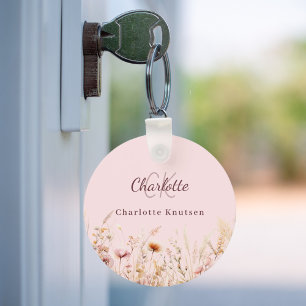 Porte-clés monogramme beige rose fleur sauvage