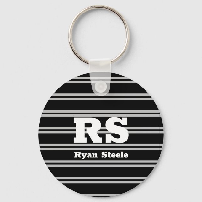 Porte-clés Monogramme blanc gras & nom, lignes gris clair sur (Recto)