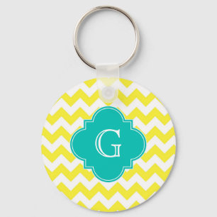 Porte-clés Monogramme blanc jaune Chevron Turquoise Quatrefoi