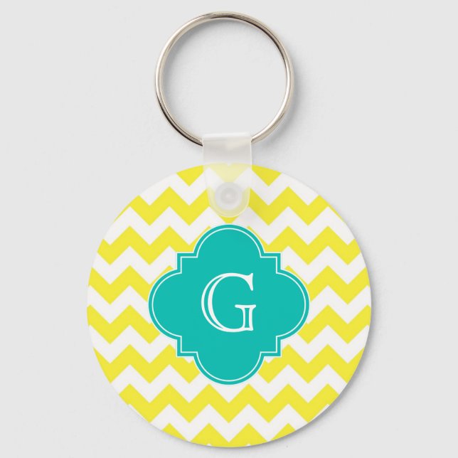 Porte-clés Monogramme blanc jaune Chevron Turquoise Quatrefoi (Recto)