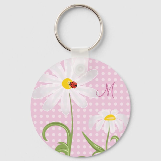 Porte-clés Monogramme blanc marguerites et dame bug poitrine  (Recto)