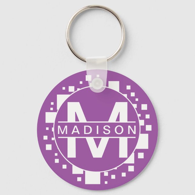 Porte-clés Monogramme Blanc violet Initiales Art Carré Cercle (Recto)