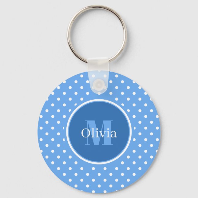 Porte-clés Monogramme bleu clair et pois blancs (Recto)