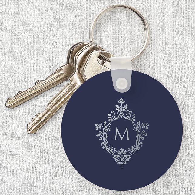 Porte-clés Monogramme bleu marine Initiale en crête ornementa (Créateur téléchargé)