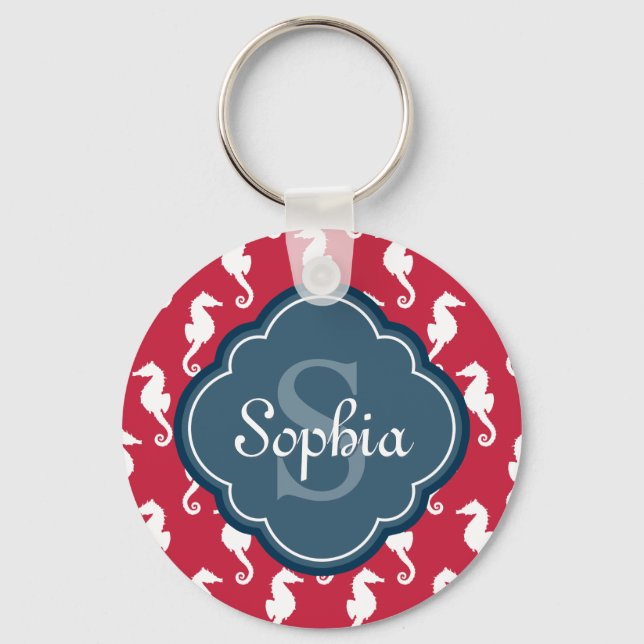 Porte-clés Monogramme bleu Motif de cheval rouge unique (Recto)