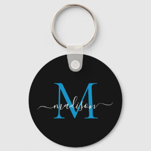 Porte-clés Monogramme bleu noir Nom Élégant Script moderne