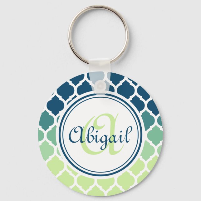 Porte-clés Monogramme bleu vert Motif marocain treillis (Recto)