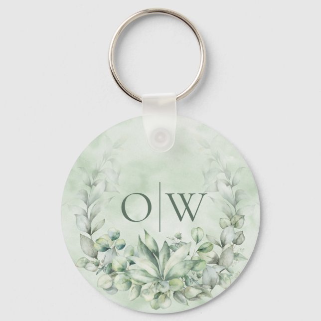 Porte-clés Monogramme Botanique Eucalyptus Faveur de mariage (Recto)