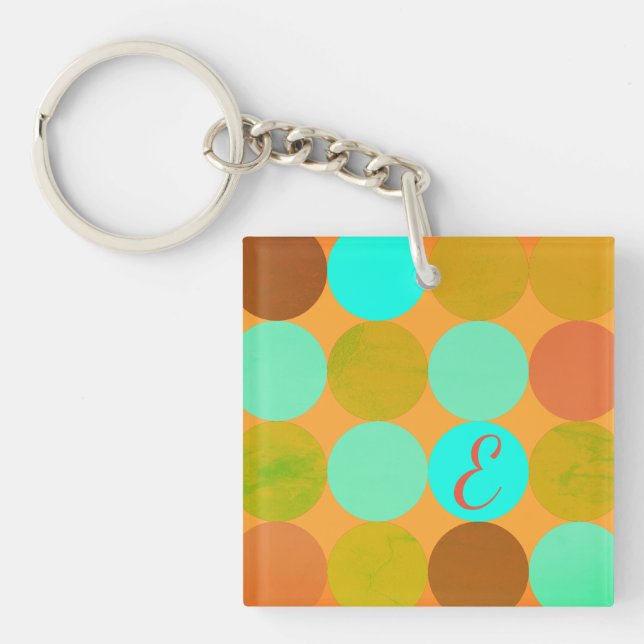 Porte-clés Monogramme Cercles Turquoise Bleu Vert & Orange (Devant)