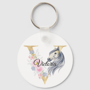 Porte-clés Monogramme cheval mignon floral girly équestre nom