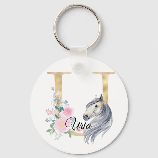 Porte-clés Monogramme cheval mignon floral girly équestre nom (Recto)
