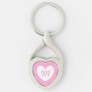 Porte-clés Monogramme Coeur blanc sur Coton bonbon rose