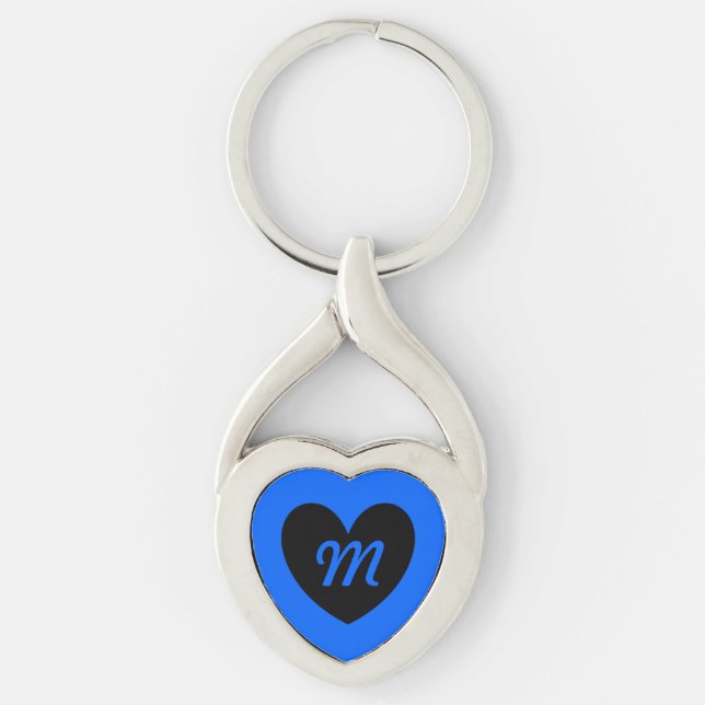 Porte-clés Monogramme Coeur noir sur bleu (Devant)