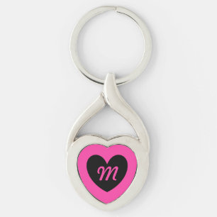 Porte-clés Monogramme coeur noir sur fuchsia rose