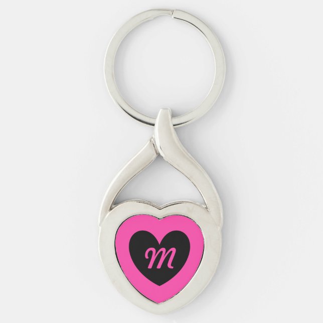 Porte-clés Monogramme coeur noir sur fuchsia rose (Devant)