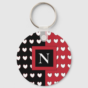 Porte-clés Monogramme cœurs blanc rouge noir élégant