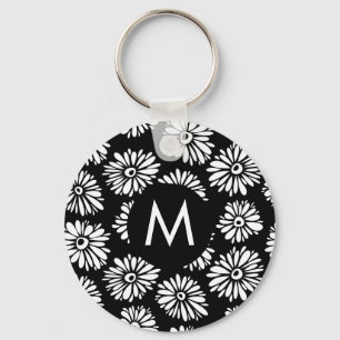 Porte-clés Monogramme Daisy Groovy Minimaliste Noir et Blanc