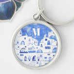 Porte-clés Monogramme d'aquarelle de Santorin Grèce<br><div class="desc">Une aquarelle de paysage de la belle île grecque de Santorin. Art original de Nic Squirrell. Modifiez le monogramme initial pour personnaliser.</div>