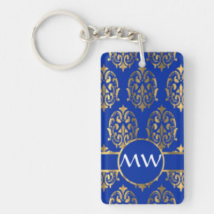 Porte-clés monogramme d'argent et de bleu royal damassé