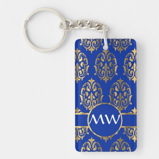 Porte-clés monogramme d'argent et de bleu royal damassé (Devant)