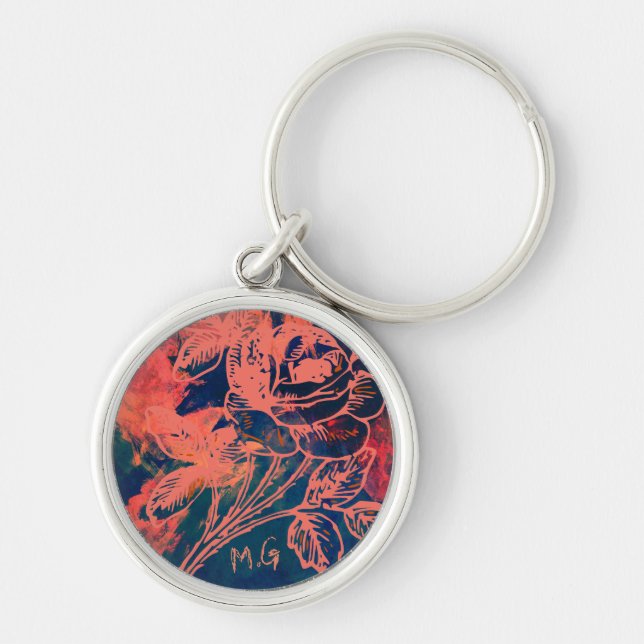 Porte-clés Monogramme d'art de rose rouge abstrait (Devant)