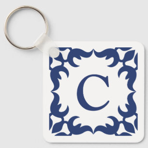 Porte-clés Monogramme de cadre bleu et blanc