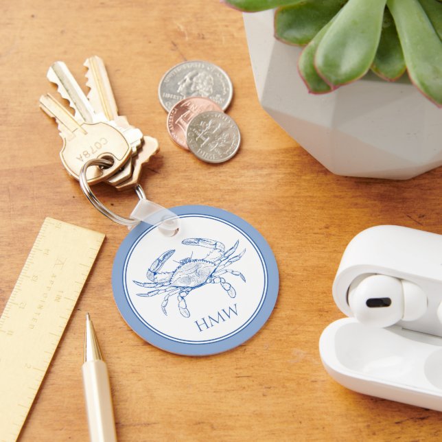 Porte-clés Monogramme de crabe bleu et blanc côtier (Bureau)