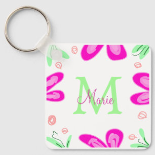 Porte-clés Monogramme de fleur rose ajouter nom lettre feuill