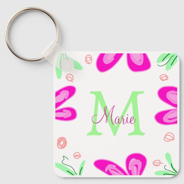 Porte-clés Monogramme de fleur rose ajouter nom lettre feuill (Recto)