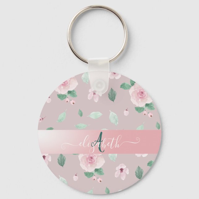 Porte-clés Monogramme de fleurs à l'aquarelle chic (Recto)