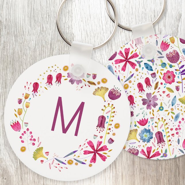 Porte-clés Monogramme de fleurs d'aquarelle moderne (Modern monogram initial personalized watercolor wildflower floral key ring)