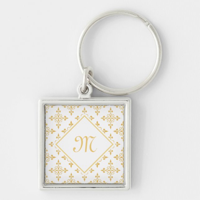 Porte-clés Monogramme de luxe Blanc et or Quatre Floral (Devant)