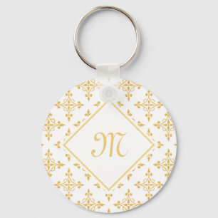 Porte-clés Monogramme de luxe Blanc et or Quatre Floral