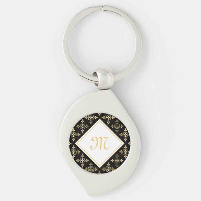 Porte-clés Monogramme de luxe Noir et Or Quatre Floral (Devant)