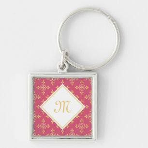 Porte-clés Monogramme de luxe rose et or Quatre Floral